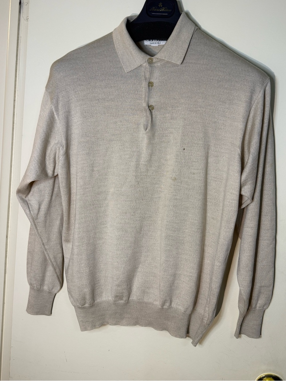 Gran Sasso Made in Italy Beige Fine Knit Long Sleeve Polo Sweater Size L Flawed